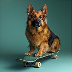 A Photorealistic German Shepherd Standing on a Skateboard with a Calm Expression Set Against a Green Background