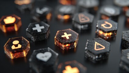 Close-up of glowing, hexagonal app icons
