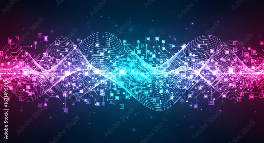 Poster abstract representation of a digital wave of data streams in blue and pink with glowing lights and c