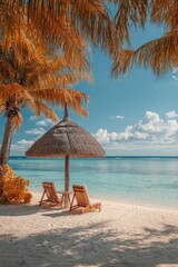 Tropical beach scene with thatched umbrellas and chairs