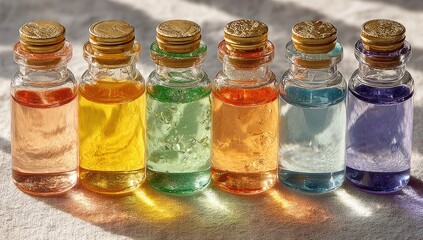 Row of colorful glass bottles with liquid, sunlight highlights