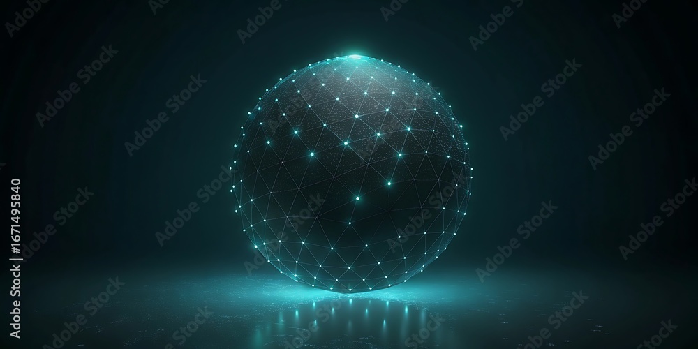 Poster abstract glowing sphere made of interconnected lines and dots, representing network or data, on a da