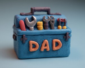 Handmade 3D plasticine model of blue toolbox honoring fathers