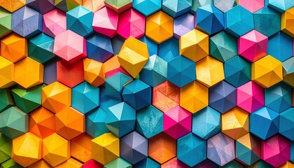 A colorful abstract mosaic pattern background with geometric shapes in shades of blue pink yellow and green forming a modern artistic texture