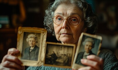 Elderly woman with a nostalgic expression, holding and gazing at vintage photographs, symbolizing the challenges of dementia and Alzheimer's disease. This image evokes themes, Generative AI