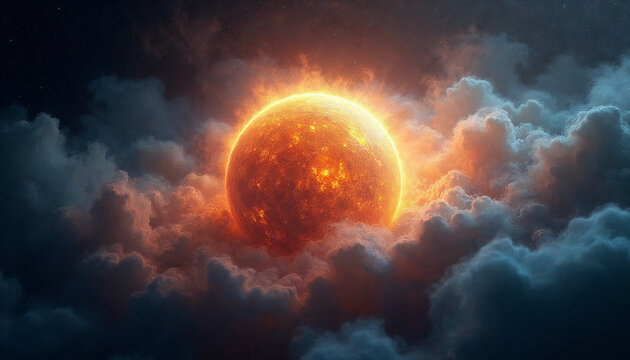 orange glowing sun planet with clouds around it