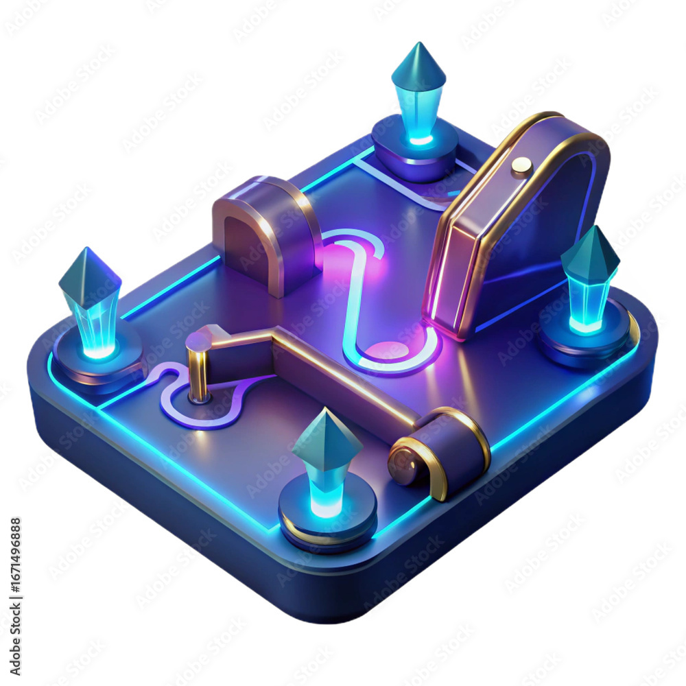Poster isometric puzzle game with neon lights and futuristic design isolated on transparent background