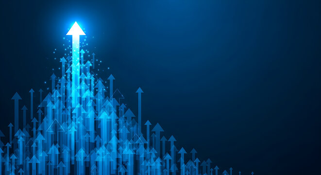 upward arrows on a dark blue background symbolizing grow achievement and success with a shining arrow pointing upwards representing the concept of business development and financial progress