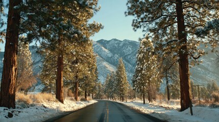 Scenic Winter Road Surrounded by Snow-Covered Pine Trees and Majestic Mountains Under Clear Blue Sky