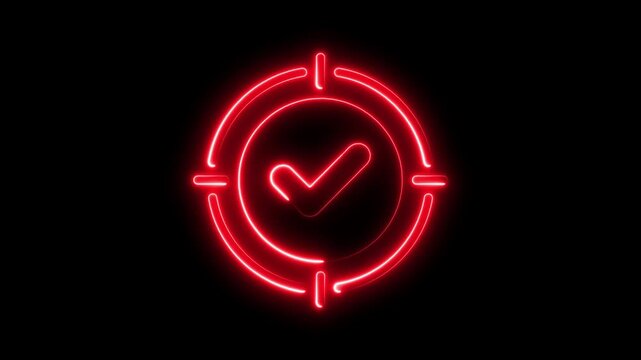 Glowing neon line target cross animation icon goal shot center pointer game war shoot animated. Achieving goals target success check mark icon isolated .Glowing neon target with check mark icon .
