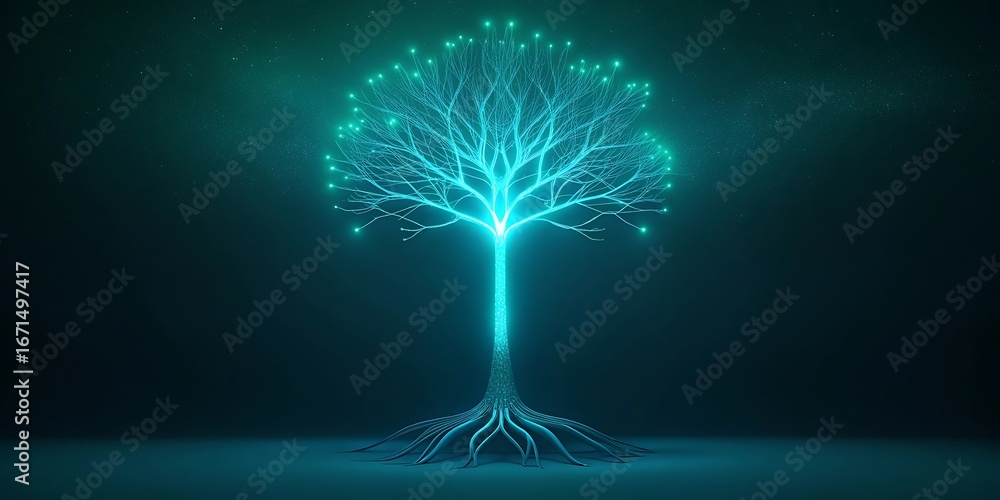 Poster glowing digital tree with intricate roots and branches, symbolizing growth and technology in a dark,