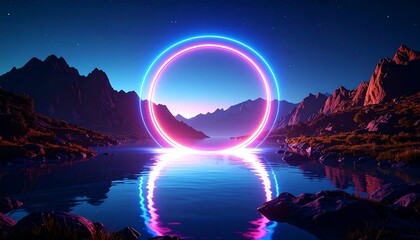 Neon circle in mountain lake