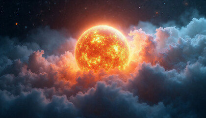 Obraz premium orange glowing sun planet with clouds around it