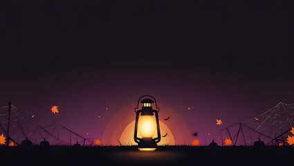 A glowing lantern illuminates a spooky Halloween scene with pumpkins, bats, and cobwebs.