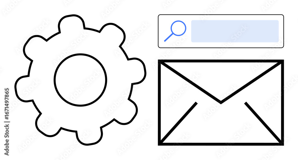 Poster gear for customization, search bar for exploring data, and envelope for messaging. ideal for setting