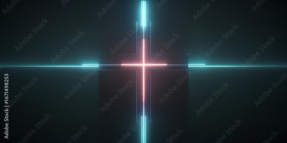Poster abstract neon light cross shape with glowing lines in dark background, futuristic concept.