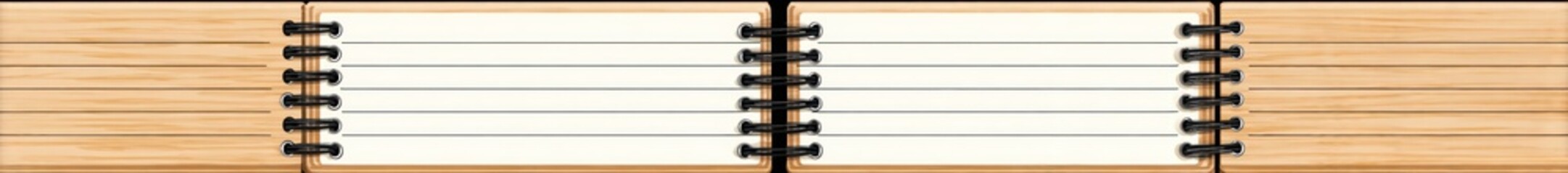 Obraz premium Open notebook wood-grain cover, lined pages, spiral binding