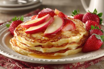 Stack of pancakes topped with sliced apples and strawberries