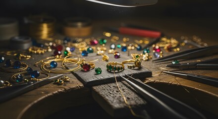 Jewelry Crafting with Colorful Gems, Gold Rings and Metal Tools on Wooden Workbench