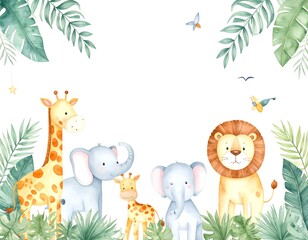 Watercolor painting of safari animals & tropical leaves, forming a border around a blank space