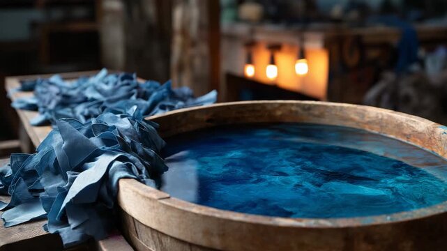 A wooden bowl filled with blue water. There are some blue fabric pieces in the bowl. Indigo dye process with linen fabric dipped in blue dye vat, sustainable fashion practices, warm rustic lighting