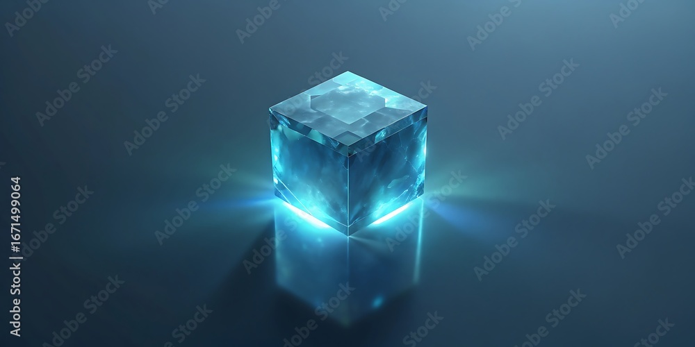 Poster glowing blue crystal cube with light rays emanating from within, abstract background.
