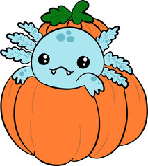 Cute axolotl inside a pumpkin