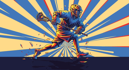 A dynamic illustration of a lacrosse player running with a stick against a stylized sunburst background.
