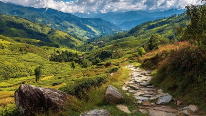 Naklejka premium Serene mountain valley with a stone path winding through tea fields under a partly cloudy sky. Lush greenery covers the rolling hills