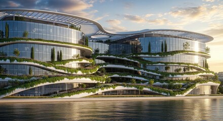 Fototapeta premium Modern architectural building with greenery by the water