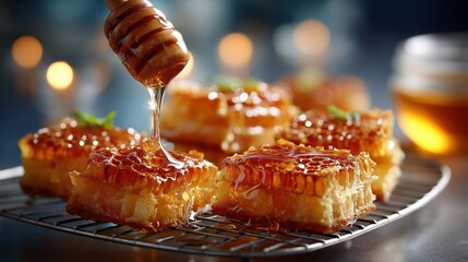 Honey dripping from wooden honey dipper onto honeycomb pieces