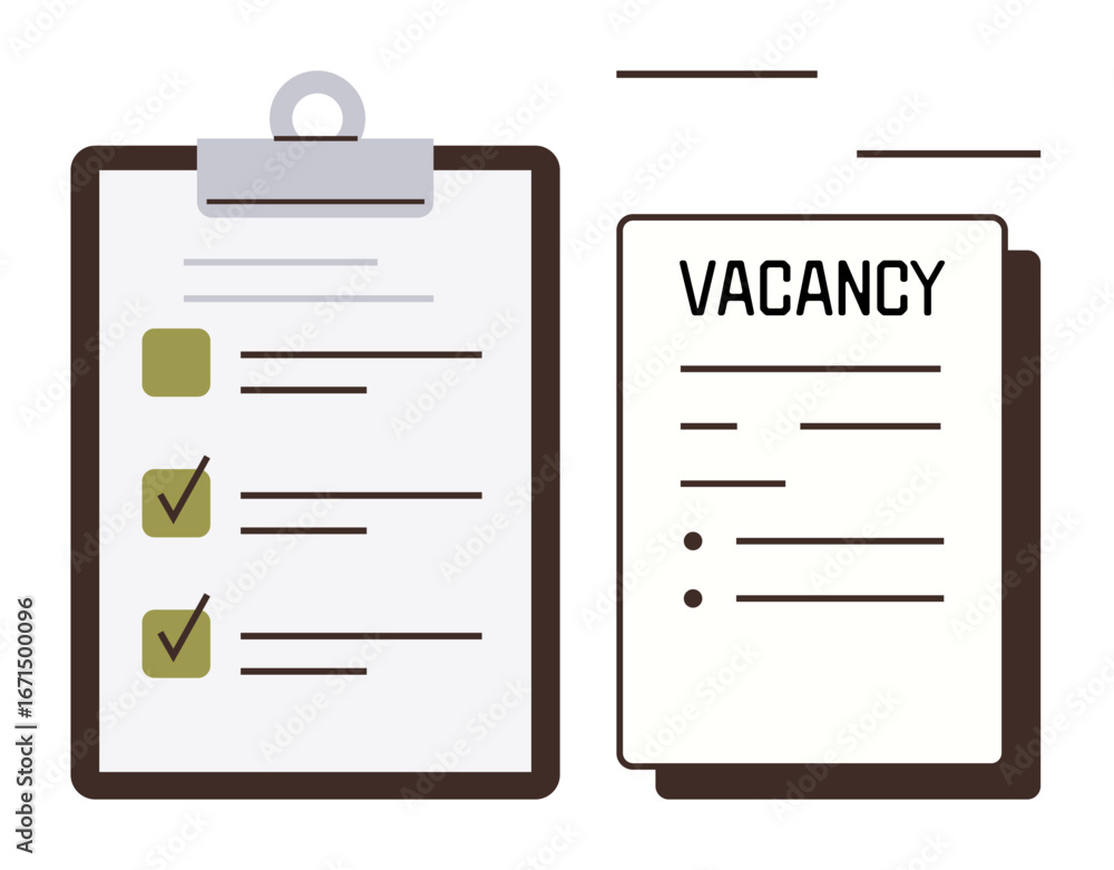 Poster clipboard with completed checklist alongside vacancy form displaying essential details. ideal for re