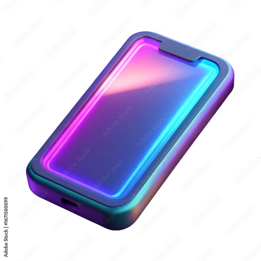 Poster a 3d rendering of a smartphone with neon lights isolated on transparent background
