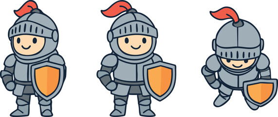 Cute armored knights with helmets shields and smiling faces