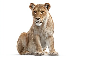Fototapeta premium Female lion, seated, facing forward, detailed fur, on white background