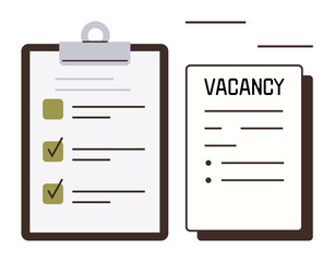 Clipboard with completed checklist alongside vacancy form displaying essential details. Ideal for recruitment, employment, hiring, career opportunities, HR, job search, workplace organization. Simple