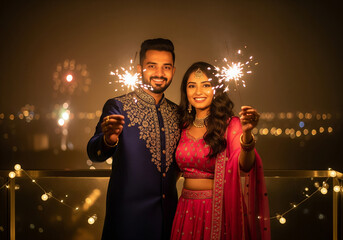 Diwali celebration: Happy young Indian couple in stylish traditional wear celebrating Diwali festival with sparklers on a city balcony at night.