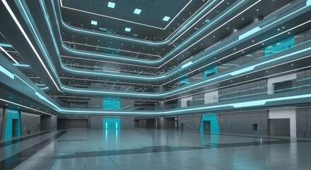 Modern Multi - layered Interior Space with Neon Lights