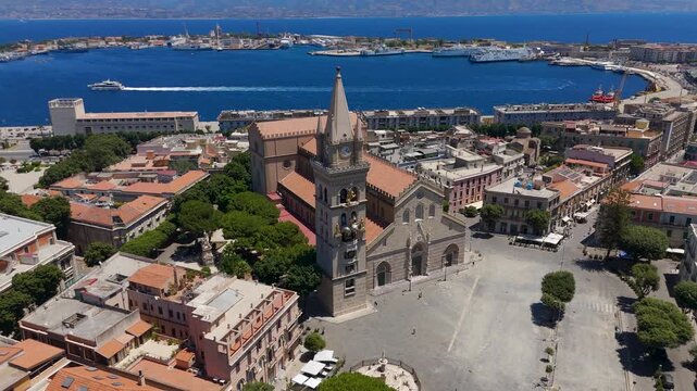 Aerial Drone Shot Circling The Archdiocese Of Messina Church In Messina, Sicily, Italy On A Bright Summer Day.