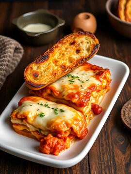 Delicious lasagne with crispy garlic bread chicken recipe image AI generated art