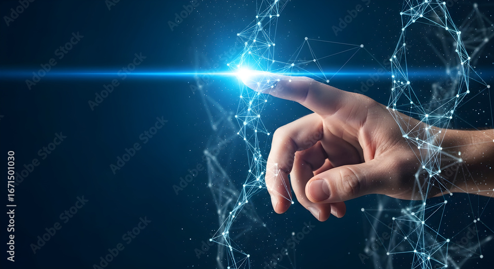 Poster human finger touching a bright light surrounded by a glowing digital network representing advanced t