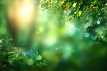 Lush forest scene with sunlight filtering through leaves