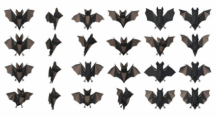 Naklejka premium Collection of twenty-four origami bats, various poses, dark grey paper.
