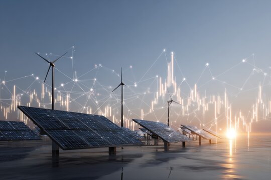 Solar panels and wind turbines with financial data overlaid on a tranquil water surface at sunset