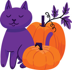 Purple Cat and Pumpkins Halloween Illustration