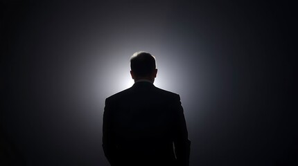 A business silhouette backlit by a strong light source, creating a high-contrast image with stark shadows