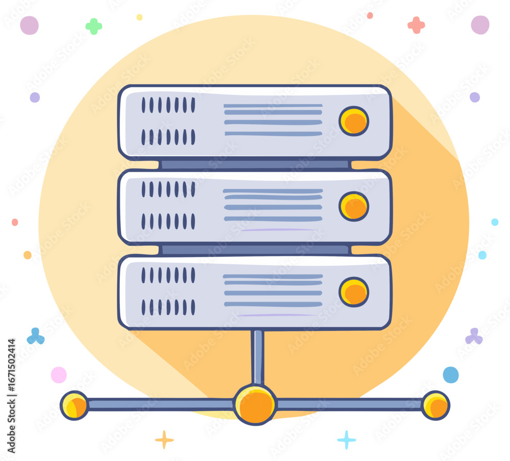 Poster cartoon illustration of server rack for data storage and cloud computing