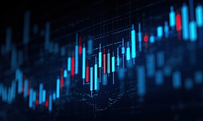 Close-up of a dynamic financial chart with red and blue candlesticks, showing market trends