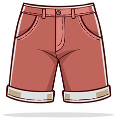 Illustration of a pair of red denim shorts with rolled cuffs, isolated