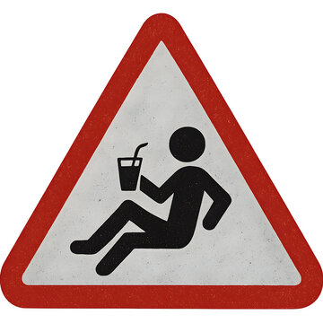 Humorous road sign depicting person slipping while holding a drink, caution and safety awareness for spills in public areas